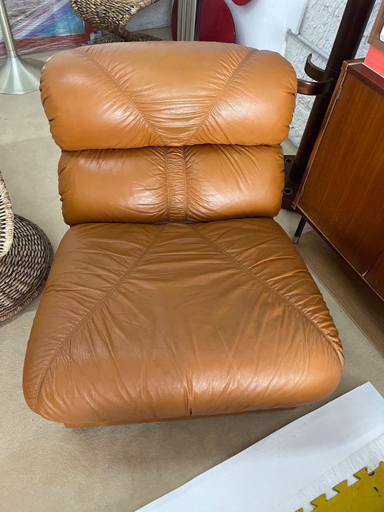 Image 1 of Fauteuils de salon en cuir cognac vintage italien moderne des années 1970