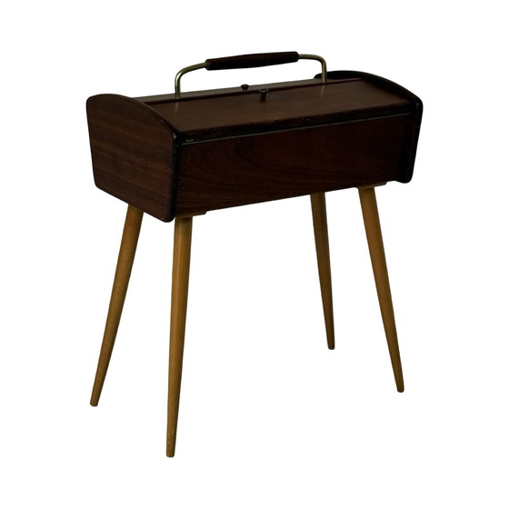 Image 1 of Teak wood - Vintage sewing box on tapered legs -  Scandinavian, Denmark, ca. 1960’s
