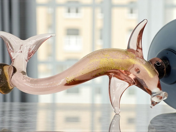 Image 1 of Murano - Artistic chalice - Blown glass with pink dolphin stem and blue base, signed