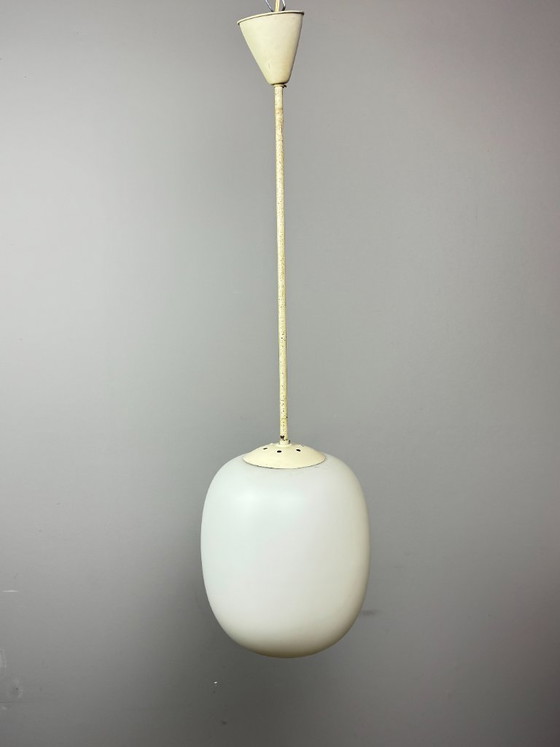 Tall Mid-Century Design Philips Industrial Pendant with Big White Oval Frosted Glass Ball, Netherlands, (photo 10 of 11)