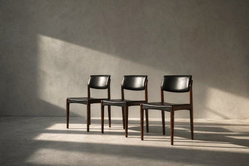 Vintage Mid-Century Scandinavian Modern Rosewood & Black Leather Chairs by H.W. Klein for Bramin, 1960s, Set of 3