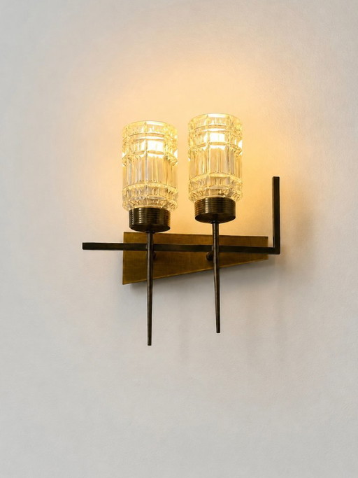 Pair of vintage brass and glass wall lights, France, 1950