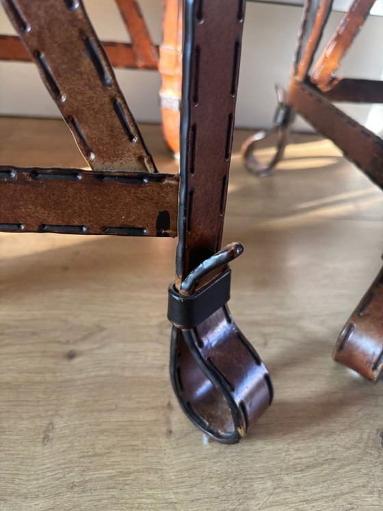 Image 1 of Unique set of 3 console tables – France, 1970s – in the style of Jacques Adnet – iron (imitation leather) and glass