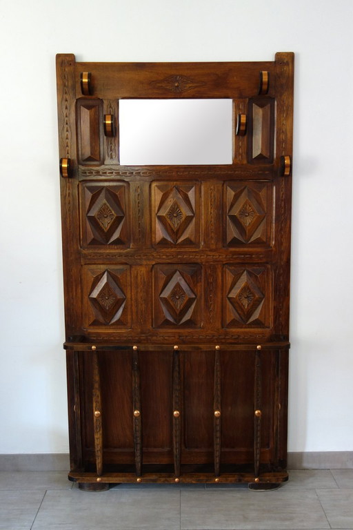 Porte manteaux vestiaire bois sculpté art populaire 1960
