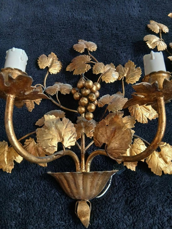 Image 1 of Splendid vintage wall sconces in gilded iron with a grape and vine design from Italy