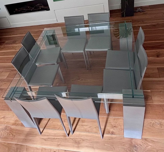Roche Bobois Tenere Dining Table with 8 Alex Leather Chairs, Dining set, Glass, Grey (photo 5 of 7)