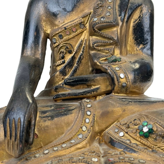 Birmaans verguld houten Boeddha met glasinleg – Mandalay-stijl Myanmar – Beeldhouwkunst, Wood, Gold (photo 10 of 11)