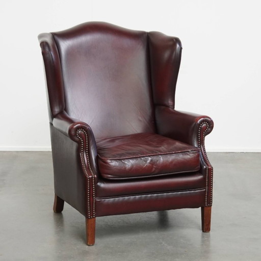 Bordeaux Red Beef Leather Ear Armchair in English Style
