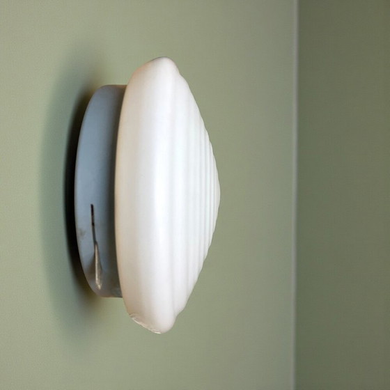 Image 1 of Art Deco white glass flush mount ceiling or wall lamp