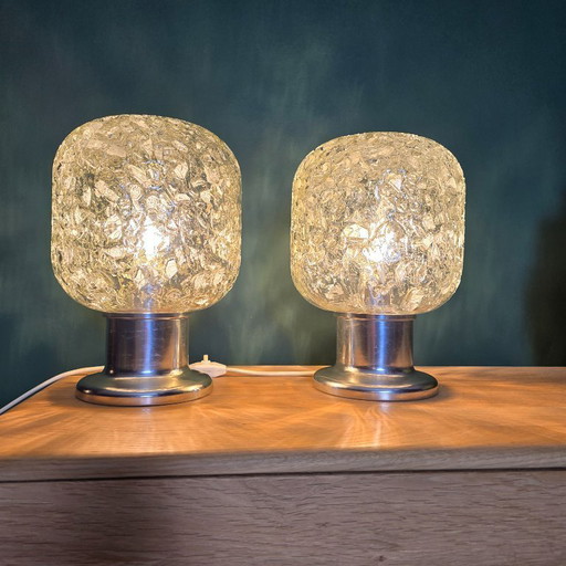 Set of two vintage table lamps by Doria Leuchten. Glass and metal. Retro/Space Age. Germany, 1960s/1970s.