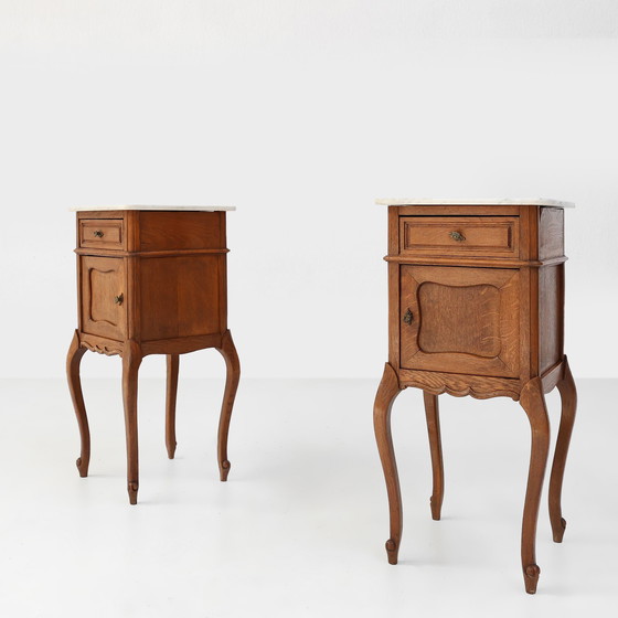 Image 1 of Pair of French Louis XV Style Nightstands in Oak with Carrara Marble Top