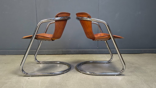 Vintage eetkamerstoelen van leer en chroom van Willy Rizzo, jaren 70 - set van 8