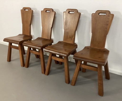 Set Of 4 Brutalist Oak Chairs Belgian Seventies