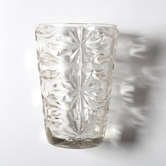 Large Stylish Mid-century Solid Heavy Clear Patterned Glass Flower Vase / Fidenza / Italy / 1960s (photo 9 of 14)