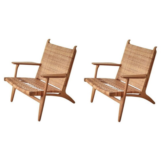 Image 1 of Zeldzaam Paar 1950 Deense Lounge Stoelen, Eiken & Rotan Rieten Weefsel, Mid Century Modern Inzamelbaar Zitmeubilair