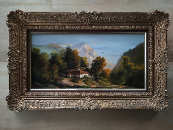 Image 1 of Pascolo alpino sullo sfondo di montagne, dipinto a olio di W. E. Van Rolland