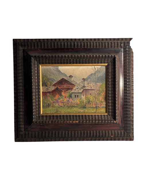 Oil Painting on Cardboard of Mountain Huts by G. Colino, 1950s