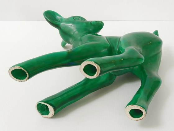 Image 1 of IMPORTANT FAON BAMBI 1960 GEANT VINTAGE CERAMIQUE VERTE HAUTEUR 30CM 60S 1960S