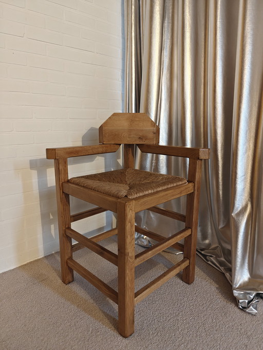 Brutalist Corner Chair – Wicker & Wood, Unique Back Detail