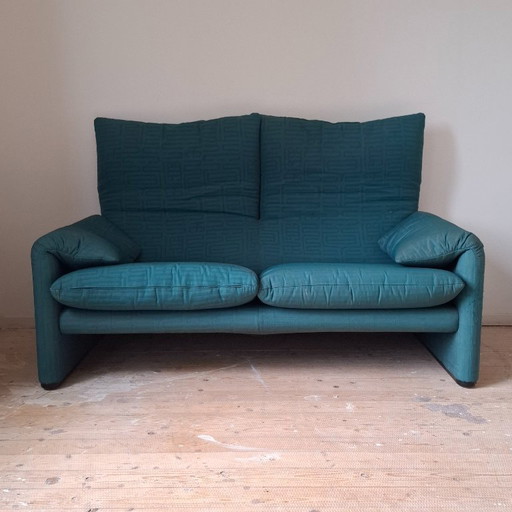 Vintage Cassina Maralunga 2-Seater Sofa with Ottoman - Petrol – banken, Textile (photo 2 of 13)
