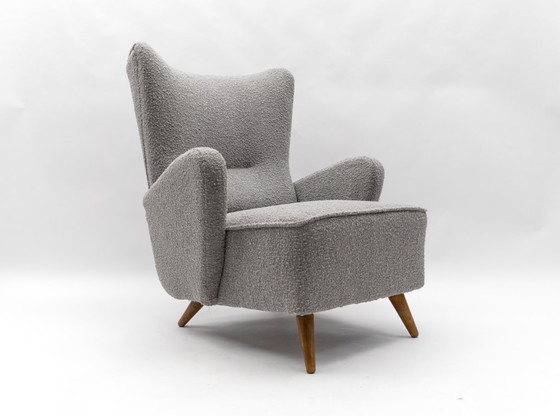 Image 1 of Large Grey Boucle Fabric Wingback Armchair, Italy, 1950s