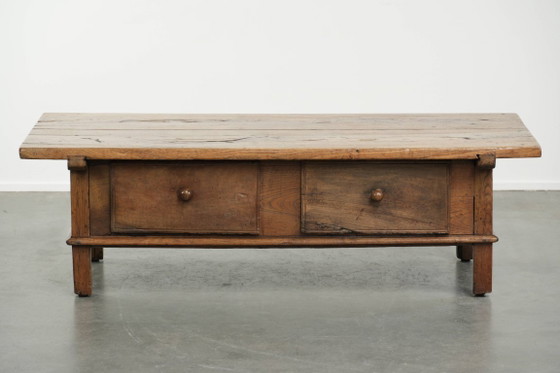 Image 1 of Antique 18th-century Southern European coffee table made of chestnut wood with 2 drawers