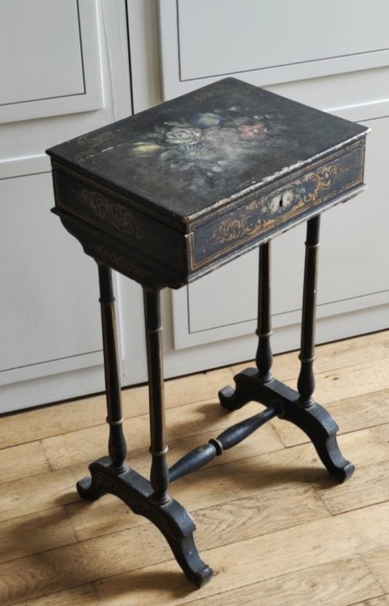 Image 1 of Small Napoleon III work table/sewing box in painted blackened wood – 19th century