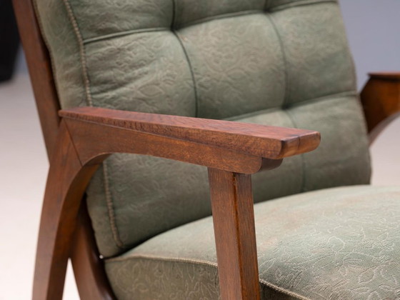Coppia di poltrone lounge vintage di metà secolo con struttura in legno e rivestimento verde, 68 × 78 × 84 cm (photo 6 of 8)