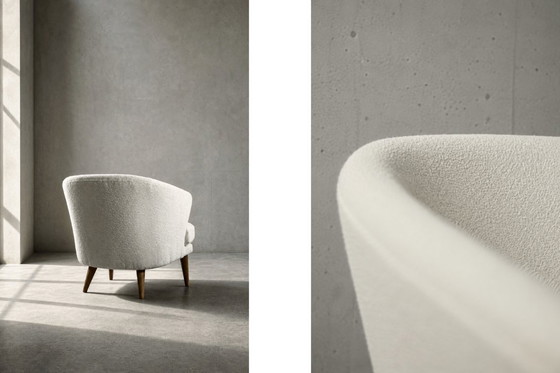 Image 1 of Low Mid-Century Scandinavian Modern Oak & Fabric Armchair with Rounded Backrest, 1960s