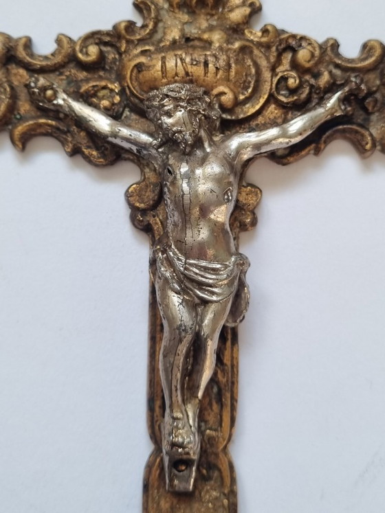 Image 1 of Antique crucifix / wall cross – Neo-Baroque circa 1900, brass, gilded & silver-plated