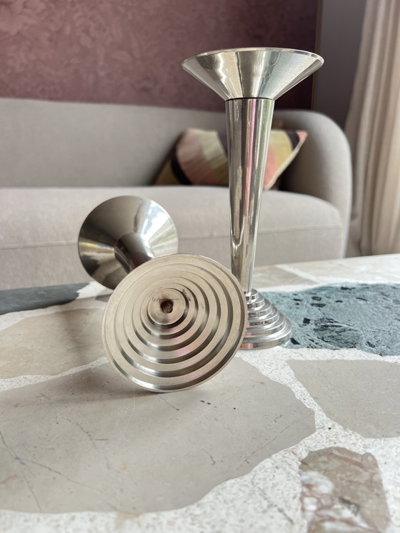 Beautiful Set of Original Art Deco Candlesticks – Chrome – 1930s – Bauhaus Style – Decorative Objects (photo 5 of 8)