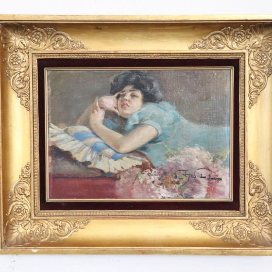 Image 1 of Girl Lying Down, Oil Painting on Board signed A Villa, Italy Late 19th Century