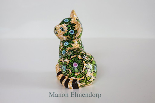 Original Handpainted Beed Cat with Flowers New Art