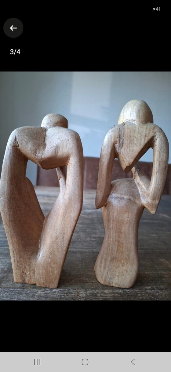 Conjunto de 2 estatuas de madera, figuras pensativas - 24 y 27 cm. – Objetos decorativos, Wood (photo 2 of 5)