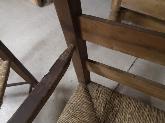 Image 1 of Pair of antique wooden straw-seated armchairs - Authentic country style