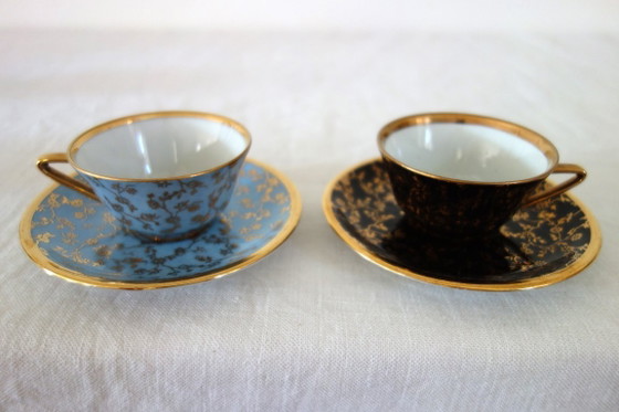 Image 1 of 6 vintage Limoges kopjes en schotels met bloem- en gouddecoratie.