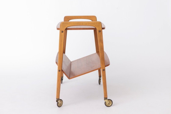 Image 1 of Vintage Bar Cart on Wheels, Mid Century Modern Trolley Table, 1960s German Tea Cart, Teak & Beech Wood