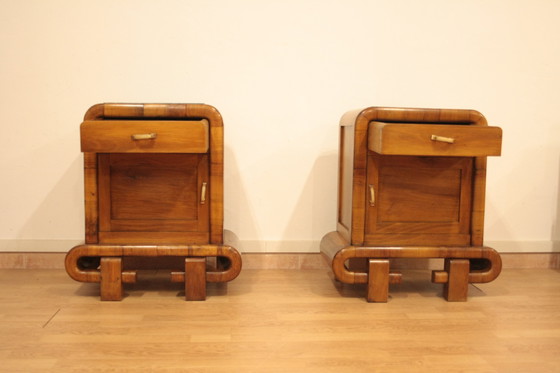 Image 1 of Pair of Art Deco Walnut Bedside Tables, 1950s Mid Century Modern, Italy