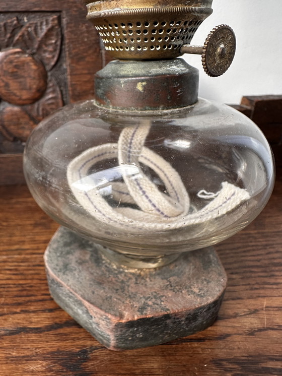 Image 1 of Vintage Oil Lamp with Glass Chimney and Brass Burner – Timeless Domestic Light