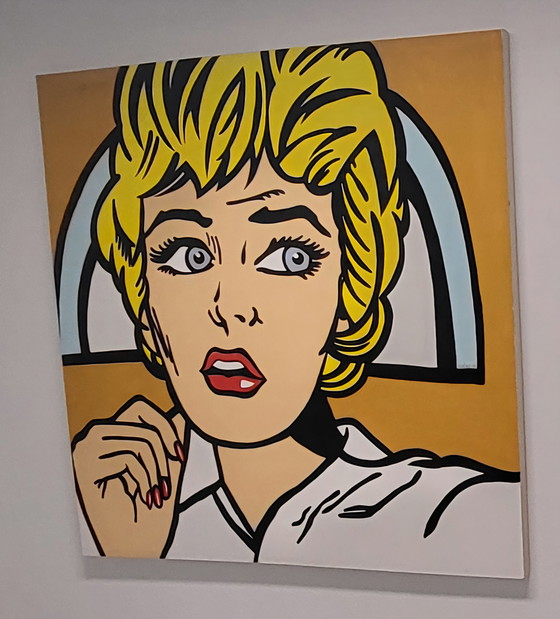 Image 1 of VUČKO "Roy Lichtenstein Girl in Window" – Hand-painted 1997 – Canvas 150x150cm
