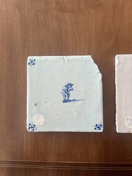 Set van 2 Antieke Delftse Tegels - Kinderspelen - 17e/18e Eeuw