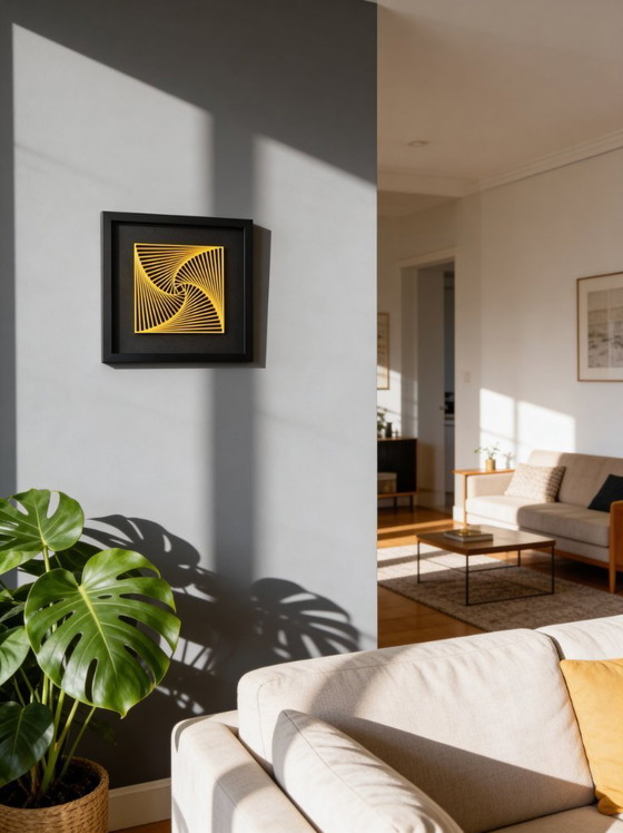 Image 1 of 3D-geprinte gele spiraalvormige wanddecoratie – geometrisch ingelijst kunstwerk, PLA-sculptuur