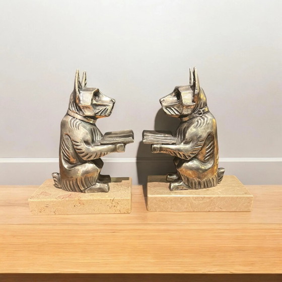 Pair of Art Deco Silver-Pewter Bookends - Reading Scotch Terriers on Marble Bases, Compact Size. (photo 9 of 9)