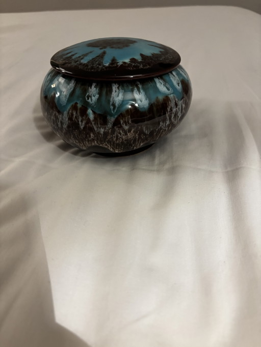 Vaso in Ceramica Vintage Vallauris con Coperchio - Turchese/Marrone – decoratieve objecten