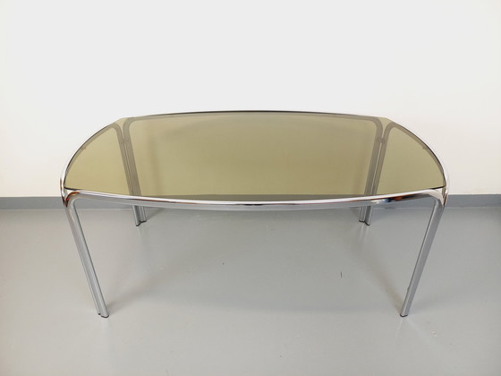 Image 1 of Incurved Rectangular Dining Table in Smoked Glass and Chrome Metal 70's Space Age Style