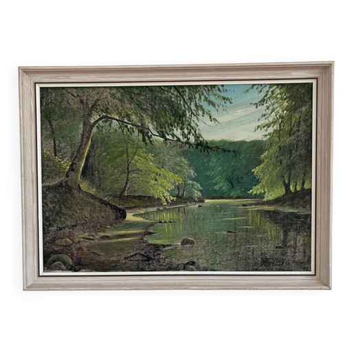 Peinture à l'huile vintage représentant un lac en forêt, paysage forestier