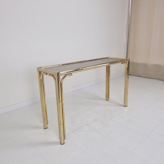 Image 1 of Tavolino rettangolare italiano in ottone, bambù e vetro fumé, anni '70