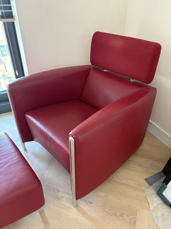 Image 1 of Leolux Goncharov armchair with ottoman | Red leather | Design classic