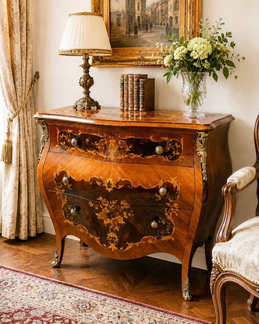 Cassettiera in stile Luigi XV con intarsi e finiture in bronzo. – ladekasten, Bronze, Wood