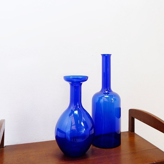 Image 1 of Pair of hand-blown cobalt blue glass vases or carafes, dating from the 1960s.